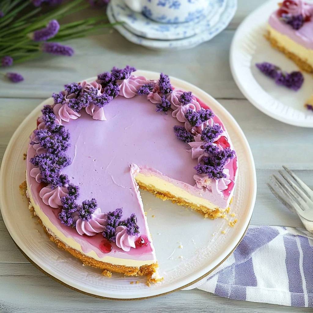 Recipe preparation for Lavender Aura Lemon Cheesecake Cake