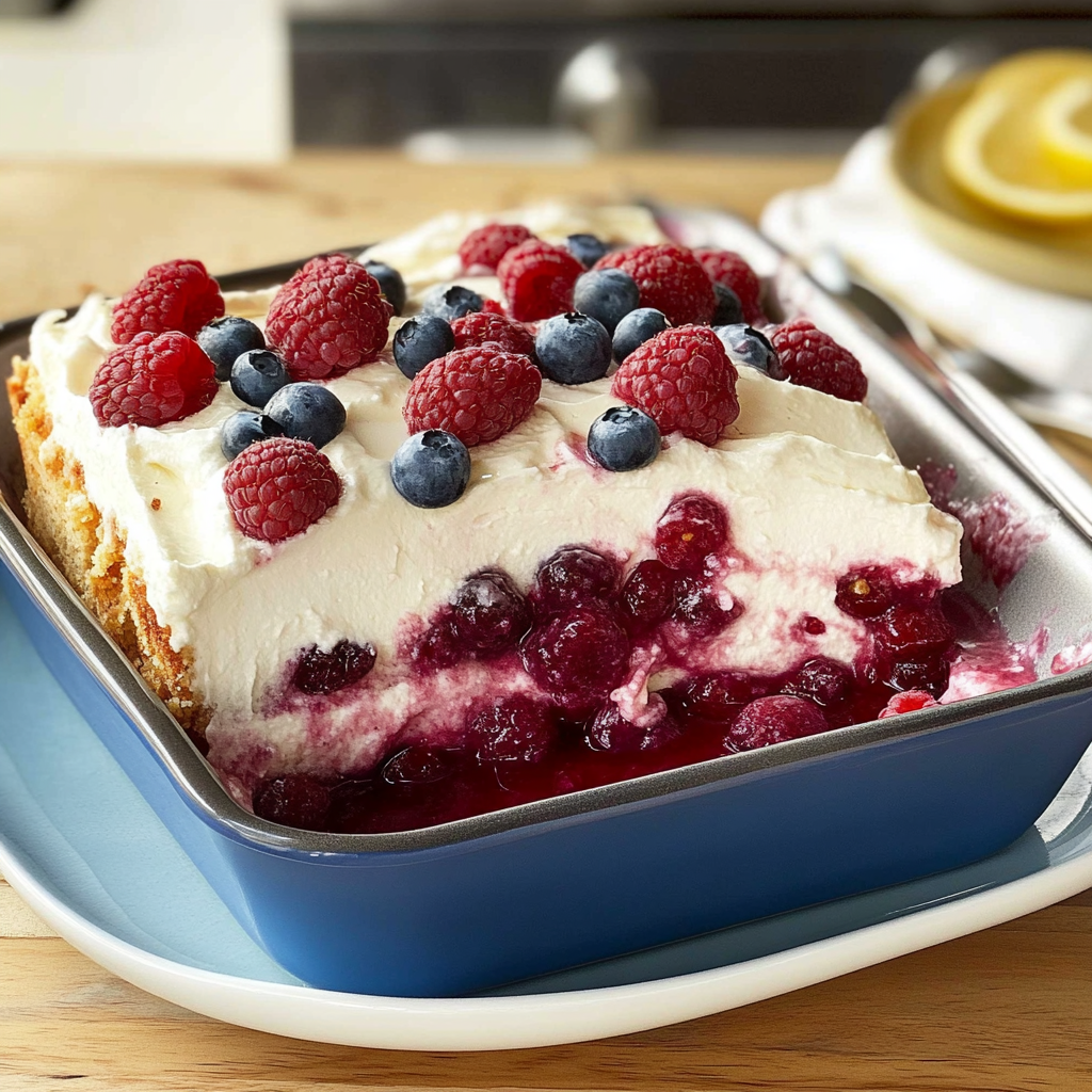 Recipe preparation for Lemon Raspberry Cream Dump Cake