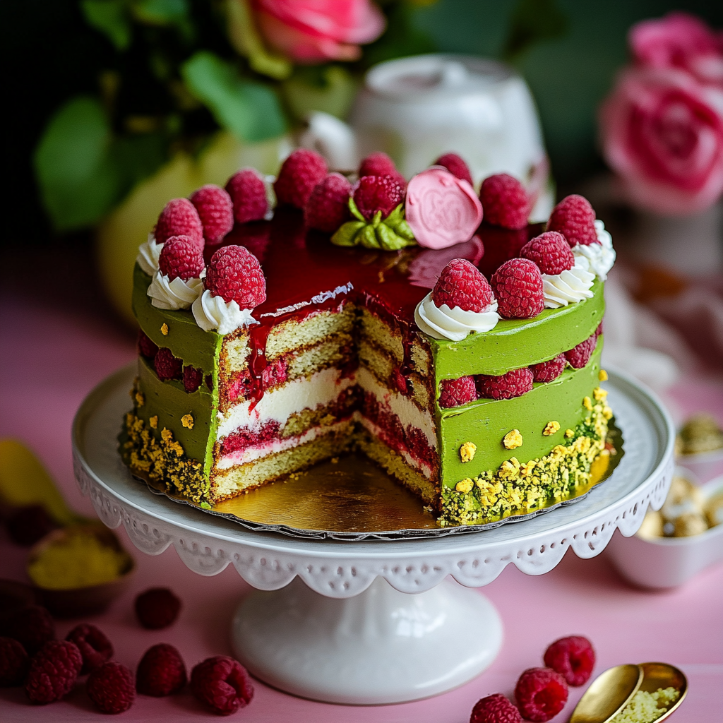 Recipe preparation for Pistachio Raspberry Cake