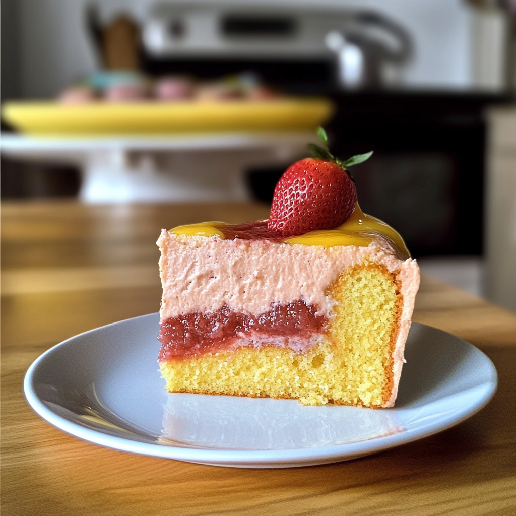 Recipe preparation for Butter Yellow Strawberry Slice Cake