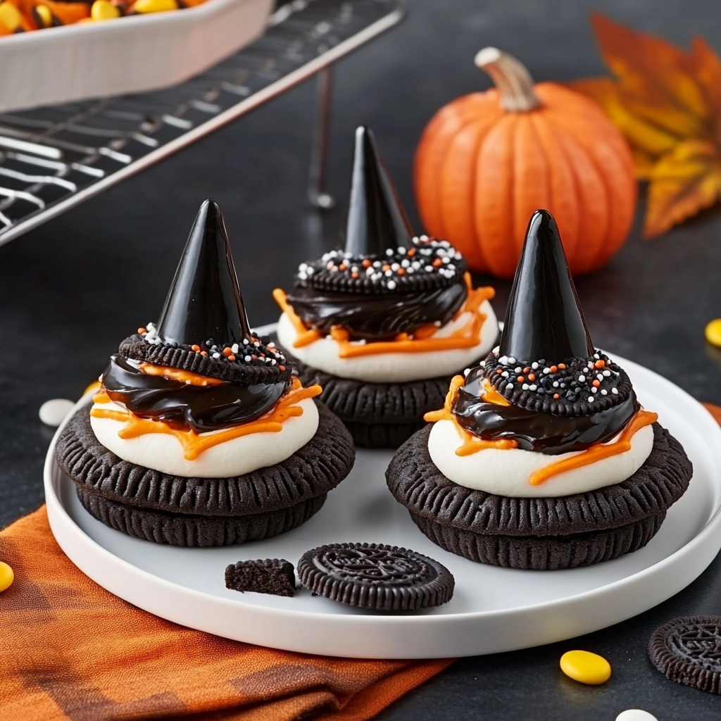 Recipe preparation for Tasty Oreo Witch Hat Cookies