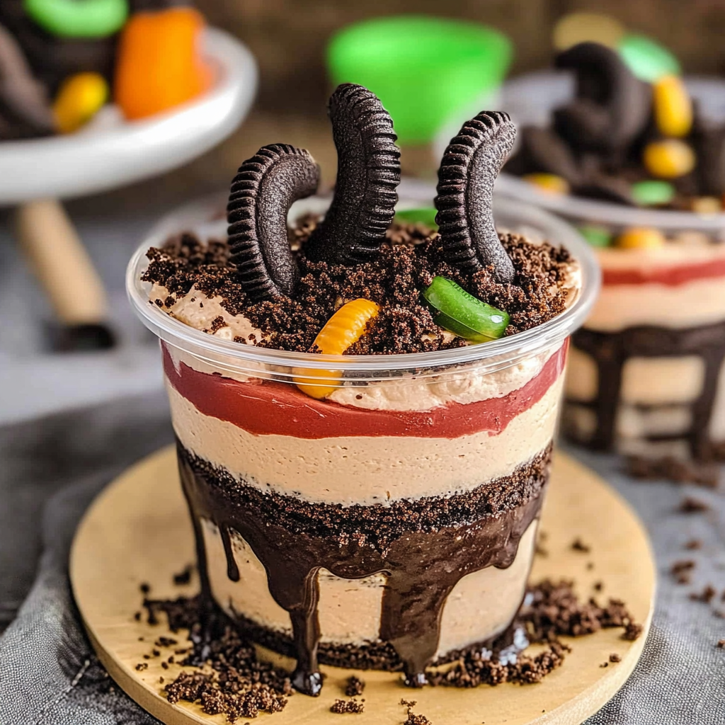 Recipe preparation for Oreo Dirt Cake with Worms