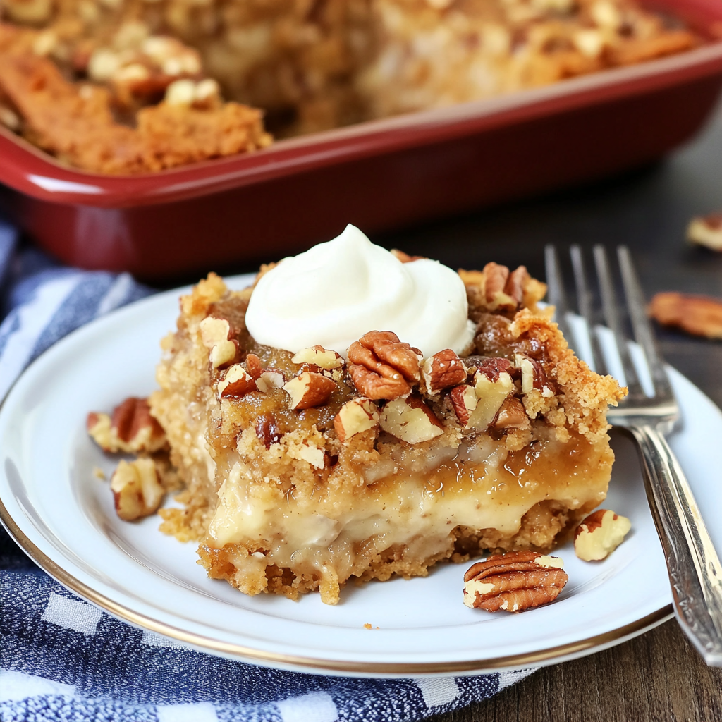 Recipe preparation for Pumpkin Dump Cake with Pecans