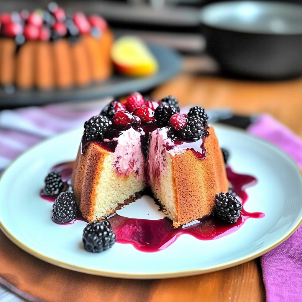 Recipe preparation for Mulberry & Peach Chaos Cake
