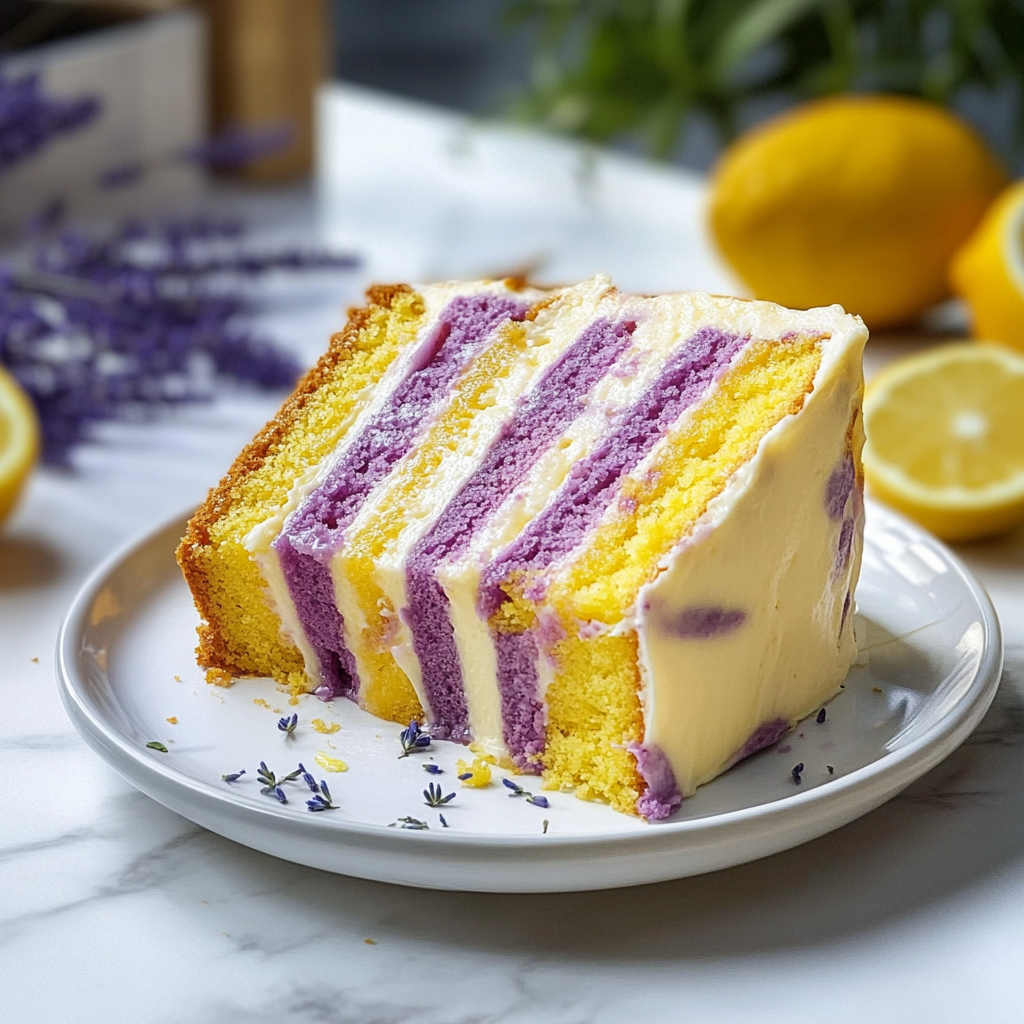 Recipe preparation for Lavender Aura Lemon Cheesecake Cake
