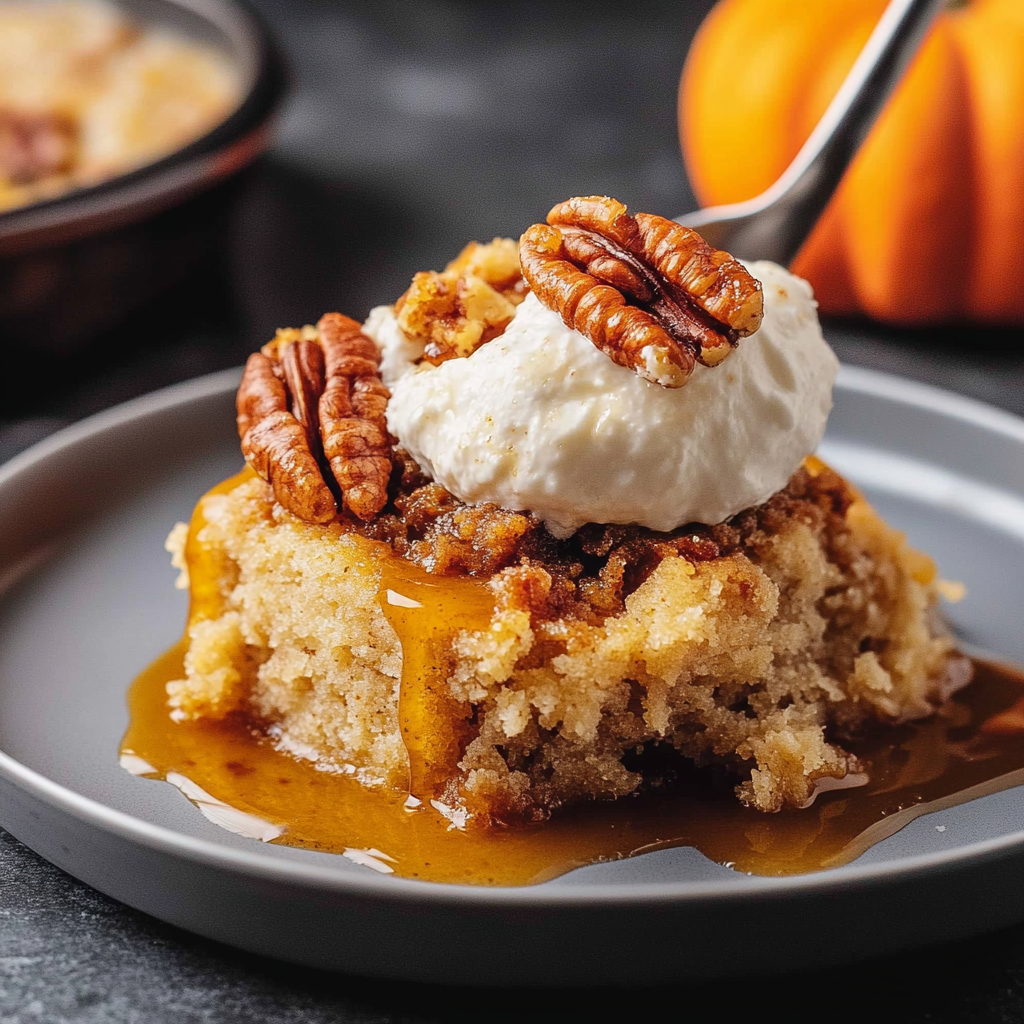 Recipe preparation for Pumpkin Pecan Dump Cake