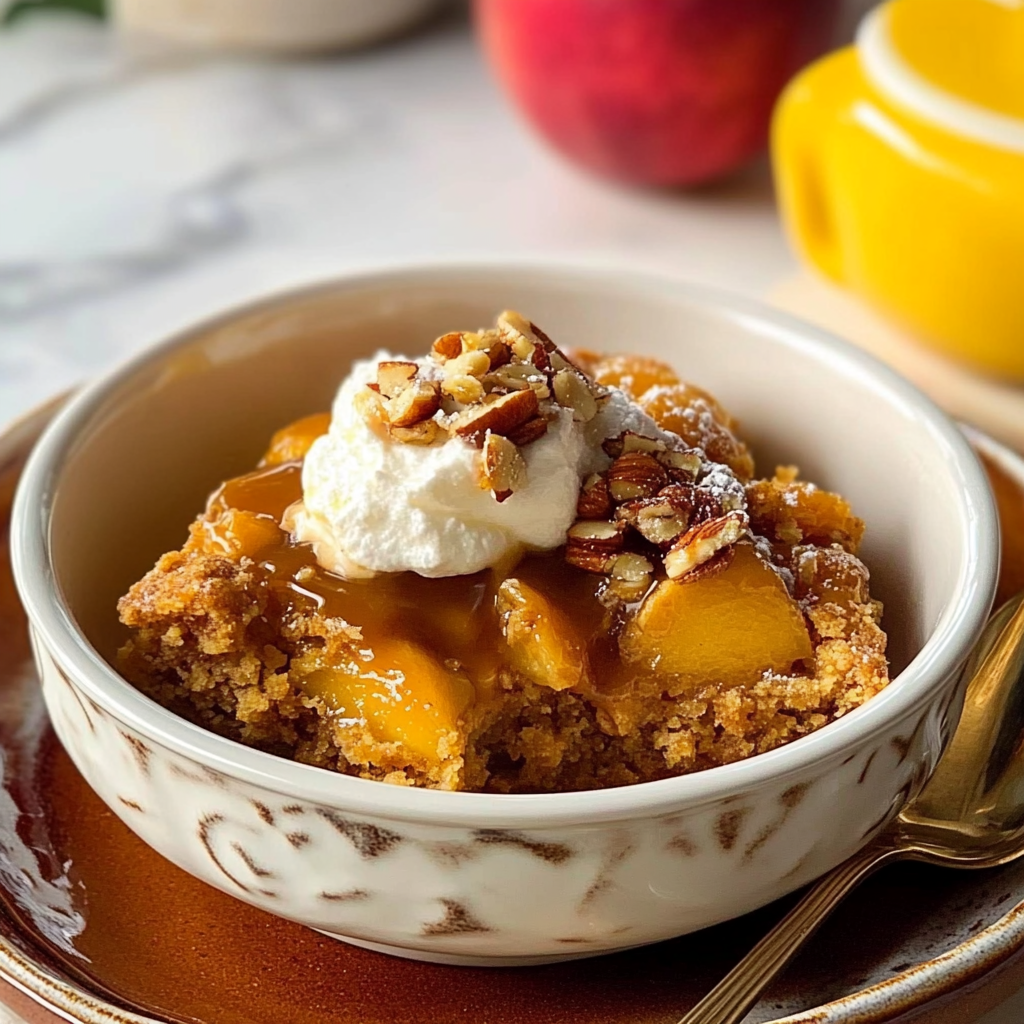 Recipe preparation for Bourbon Peach Pecan Dump Cake