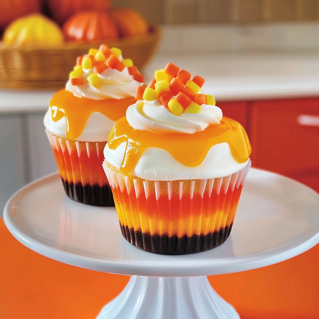 Recipe preparation for Candy Corn Surprise Cupcakes