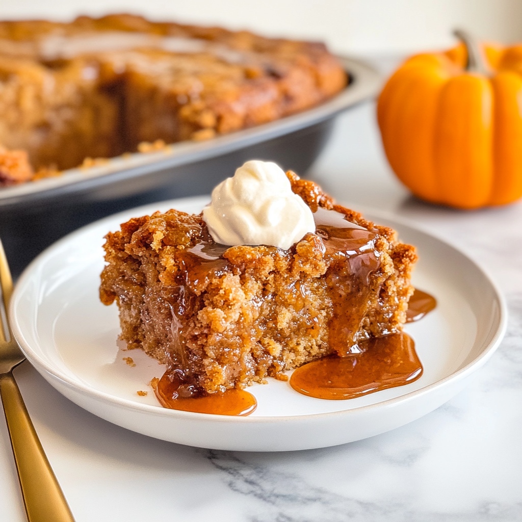 Recipe preparation for Pumpkin Caramel Dump Cake