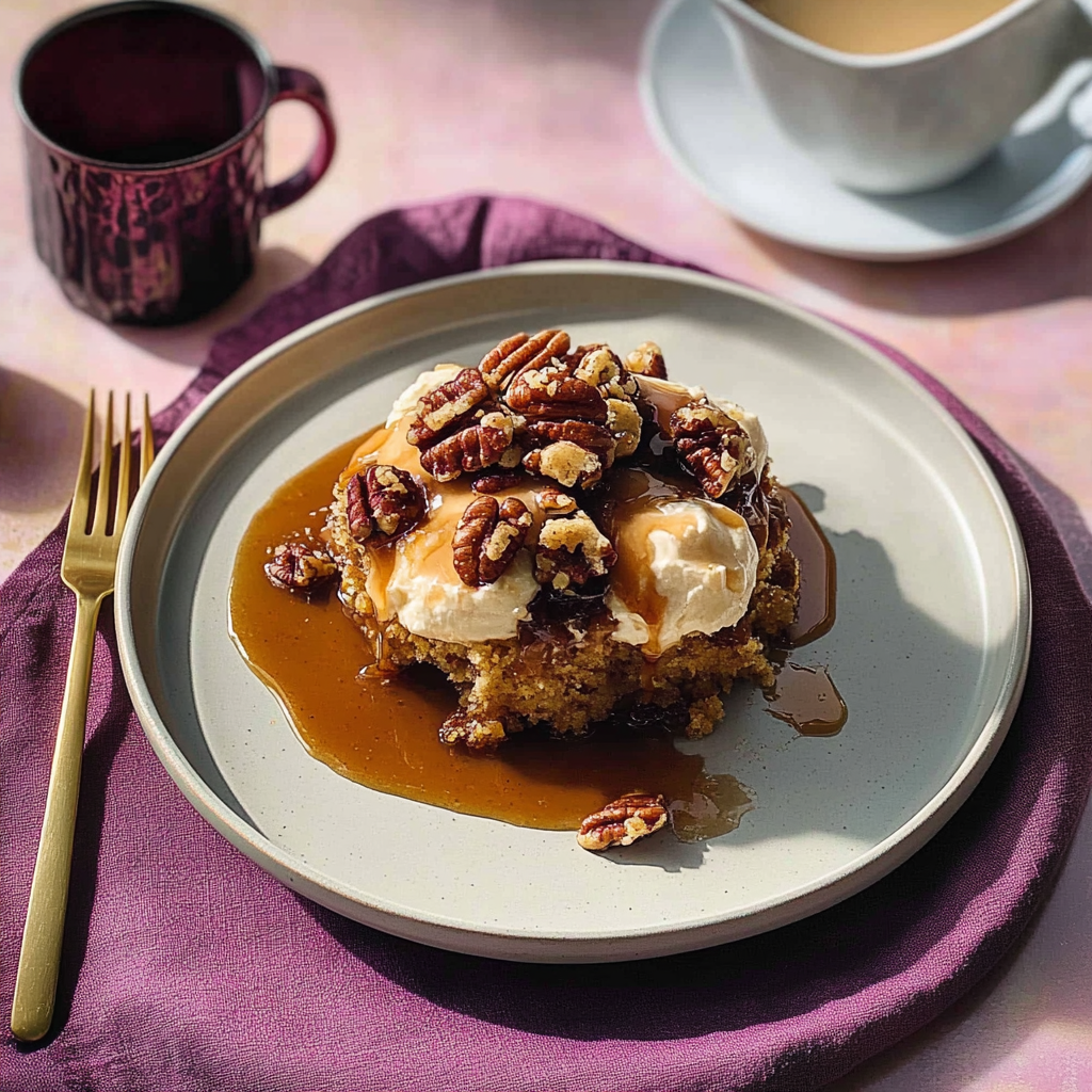 Recipe preparation for Salted Caramel Pecan Dump Cake