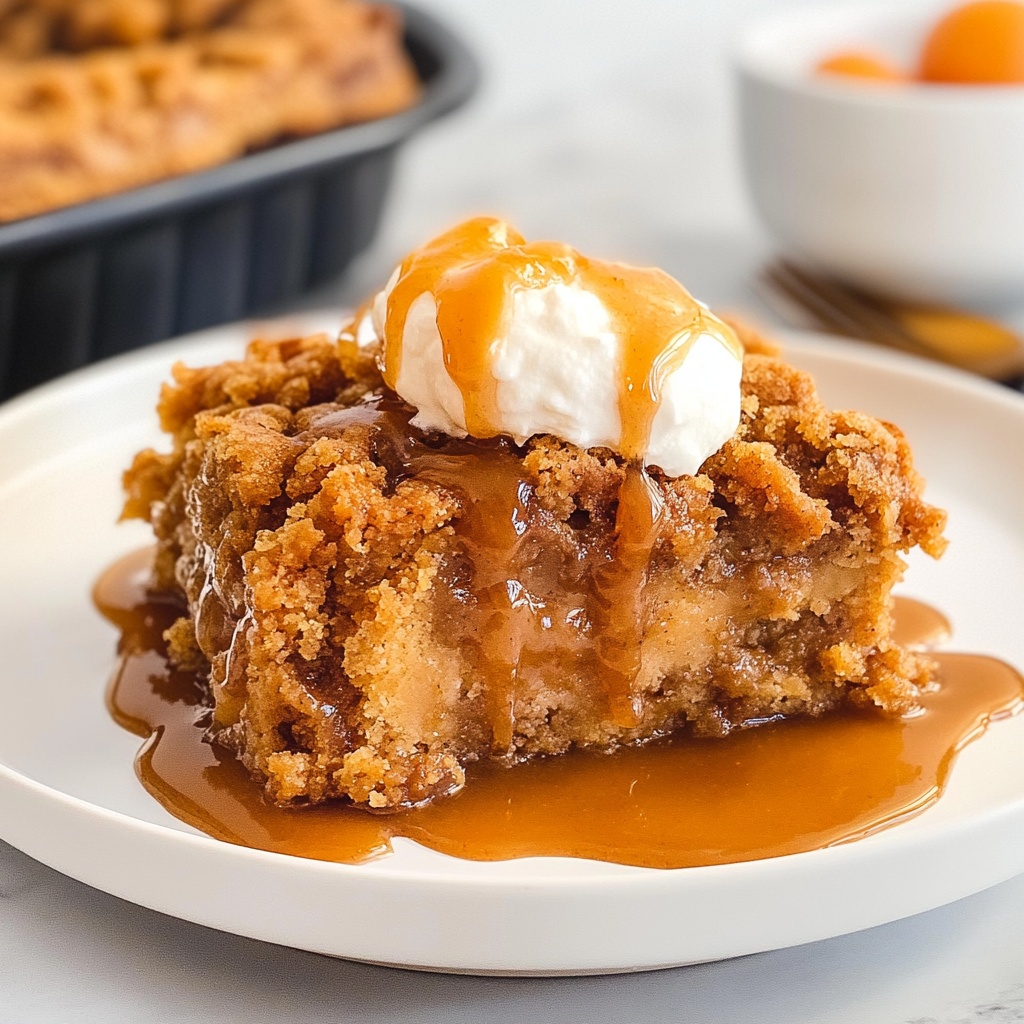 Recipe preparation for Pumpkin Spice and Caramel Dump Cake