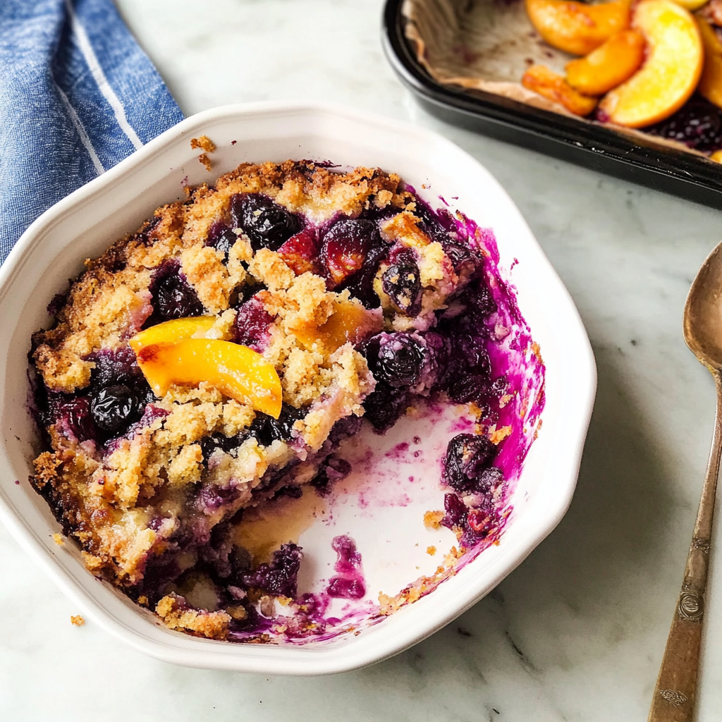 Recipe preparation for Blueberry and Peach Low-Sugar Dump Cake