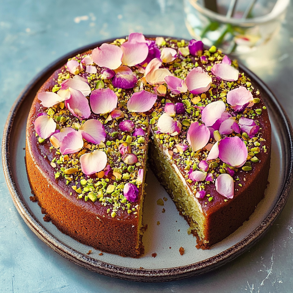 Recipe preparation for Honey Pistachio Cake with Rose Glaze