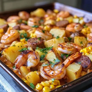 One Pan Shrimp Bake with Sausage, Potatoes and Corn