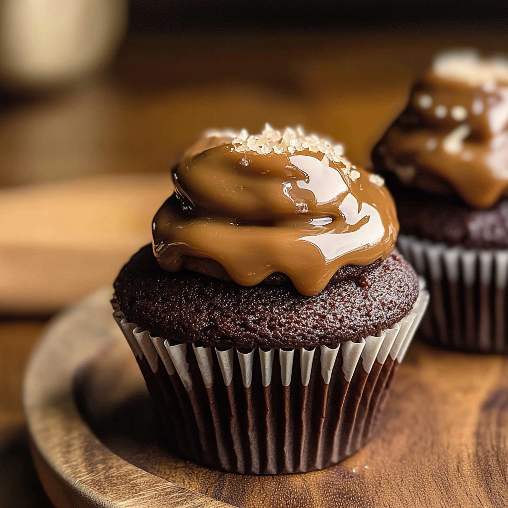 Recipe preparation for Chocolate Caramel Cupcakes with Salted Caramel Filling