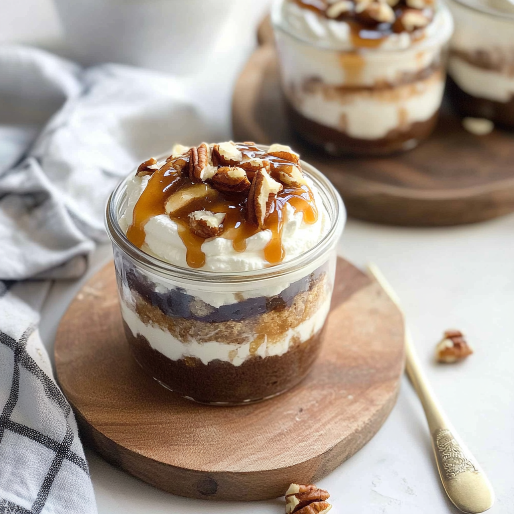 Recipe preparation for Caramel Pecan Brownie Trifle Cups