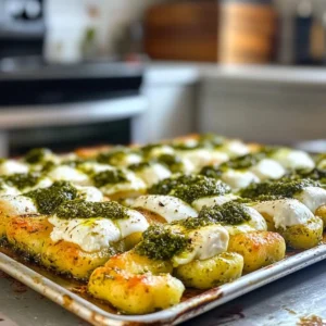 Sheet Pan Gnocchi with Pesto and Burrata