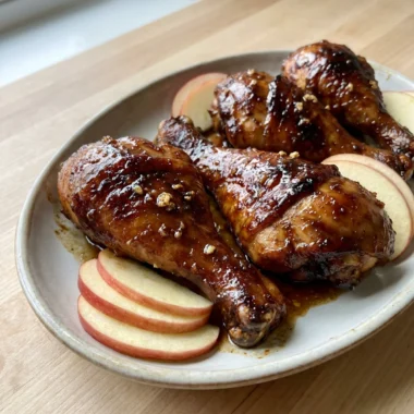 A close-up of broiled apple butter chicken drumsticks with a glossy, caramelized coating.