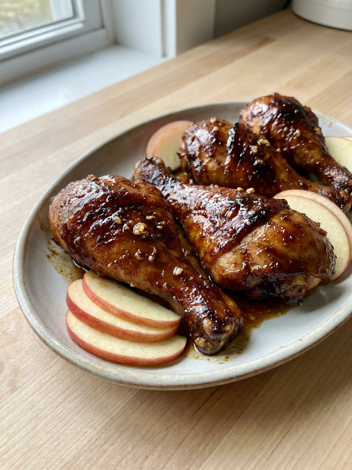A close-up of broiled apple butter chicken drumsticks with a glossy, caramelized coating.