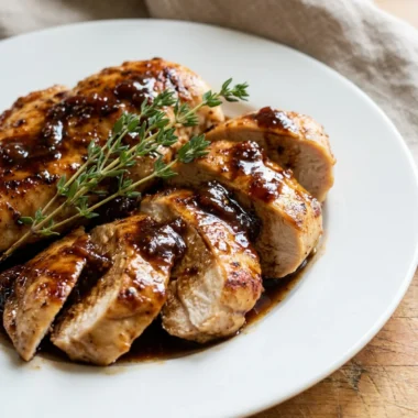 A white plate holding sliced chicken breast covered in a rich balsamic fig glaze.