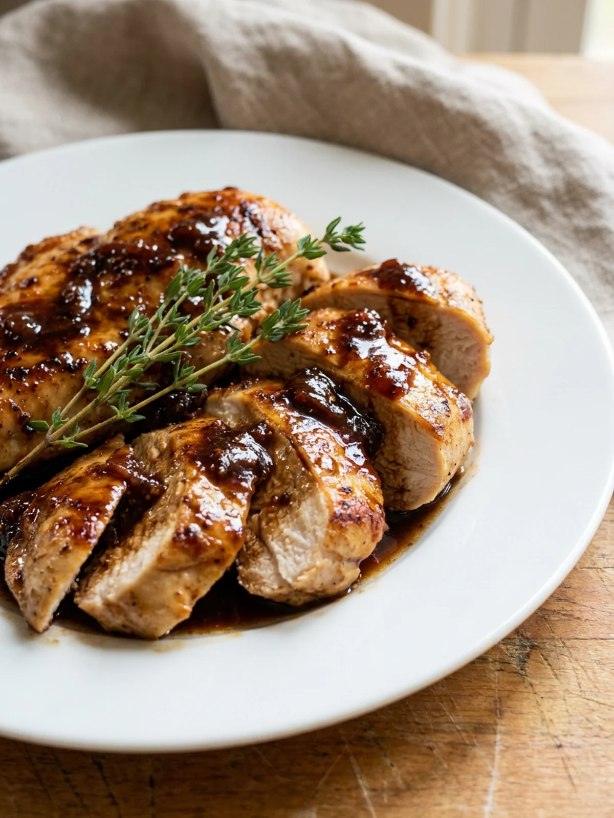 A white plate holding sliced chicken breast covered in a rich balsamic fig glaze.