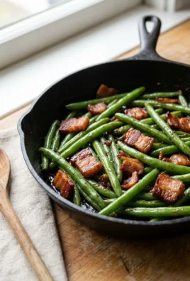 A white serving bowl filled with bourbon bacon green beans next to a fork.