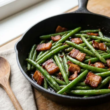 A white serving bowl filled with bourbon bacon green beans next to a fork.