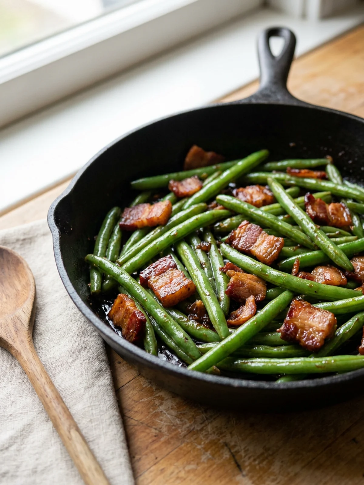 A white serving bowl filled with bourbon bacon green beans next to a fork.