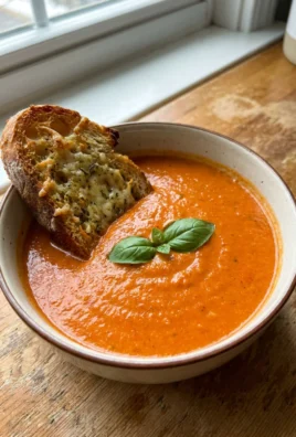 A close-up of a rustic bowl of creamy orange tomato soup with bread.