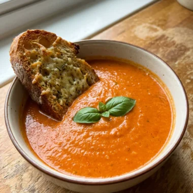 A close-up of a rustic bowl of creamy orange tomato soup with bread.