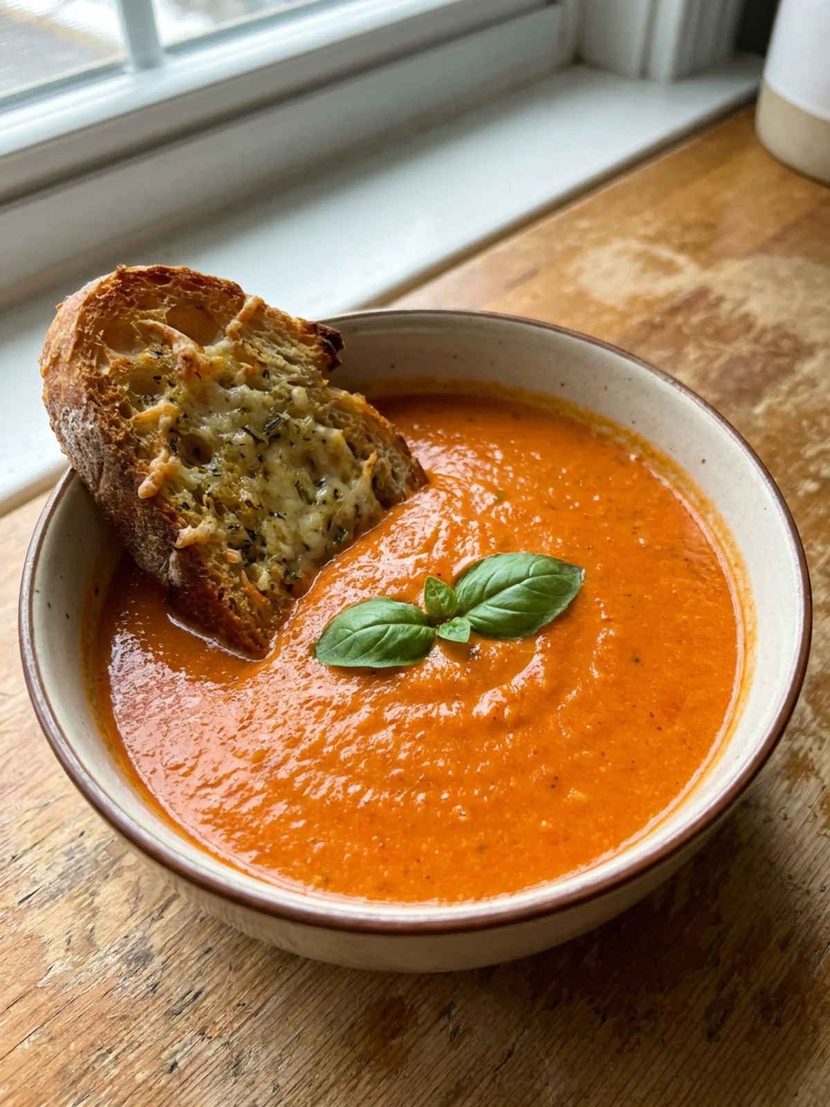 A close-up of a rustic bowl of creamy orange tomato soup with bread.