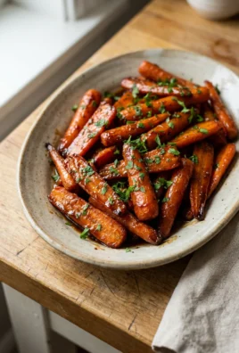 A white ceramic bowl filled with roasted brown sugar glazed carrots, with a serving spoon.