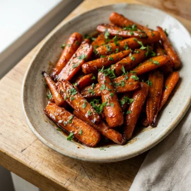 A white ceramic bowl filled with roasted brown sugar glazed carrots, with a serving spoon.