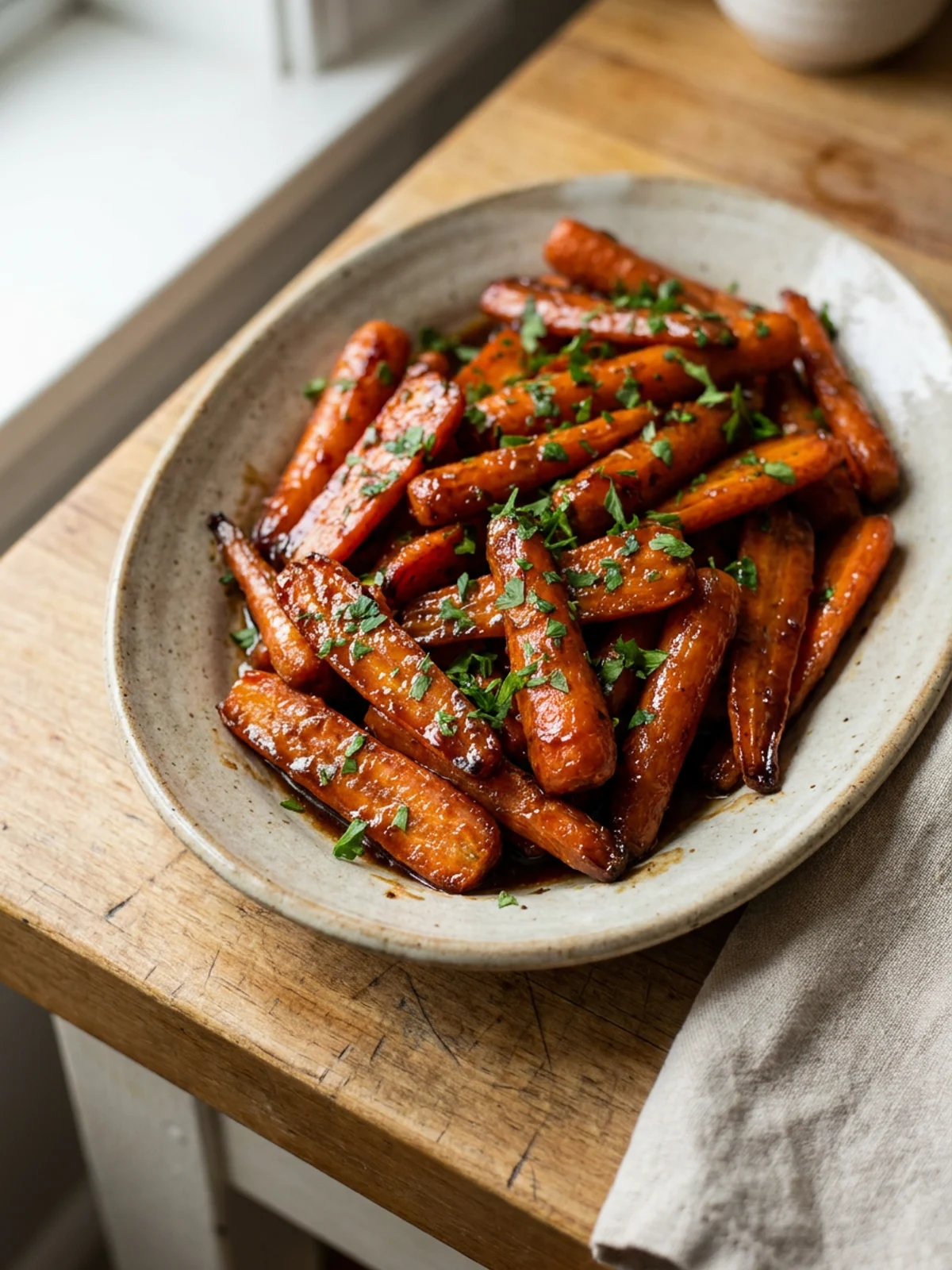 A white ceramic bowl filled with roasted brown sugar glazed carrots, with a serving spoon.