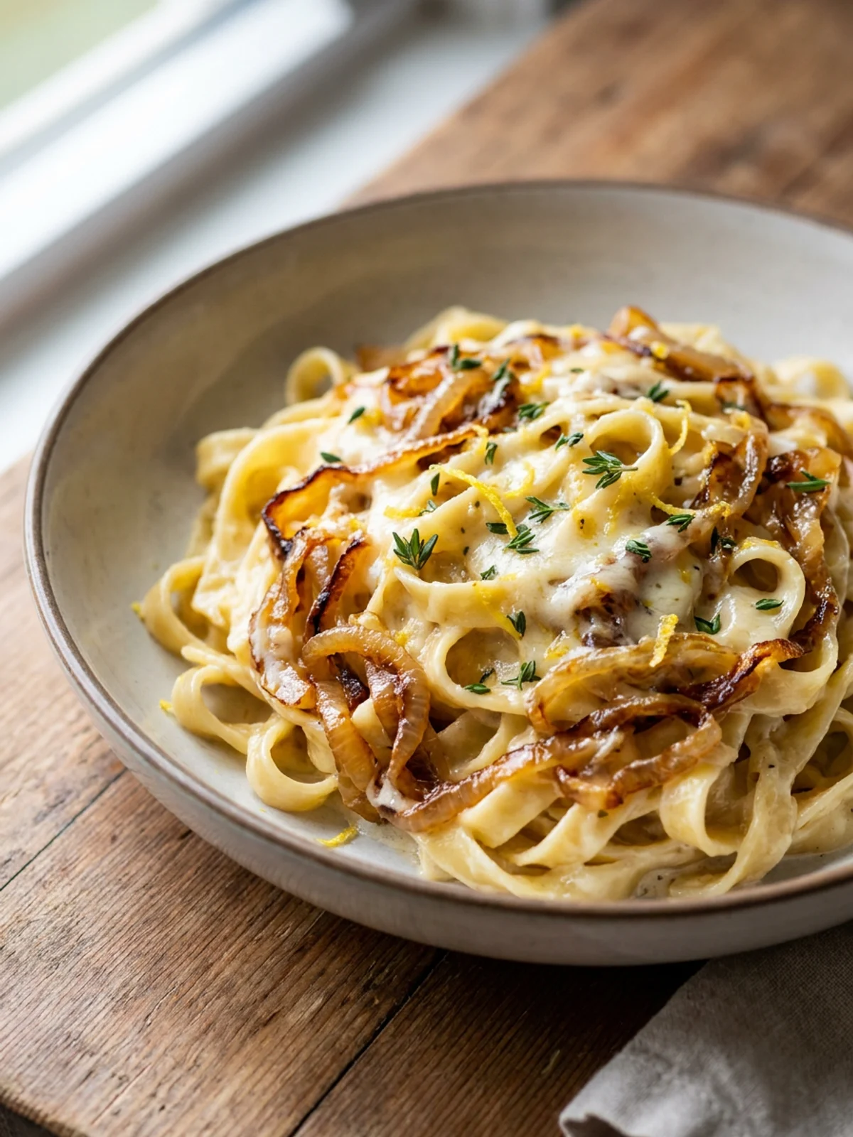 A serving of creamy caramelized onion pasta in a rustic bowl.