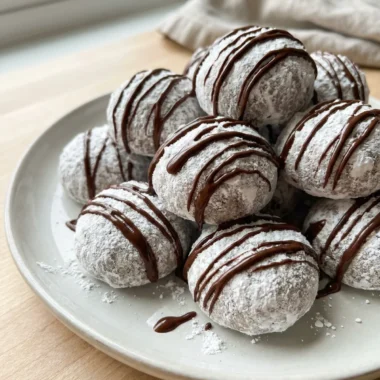 A close-up of white snowball cookies with dark chocolate drizzles on a plate.