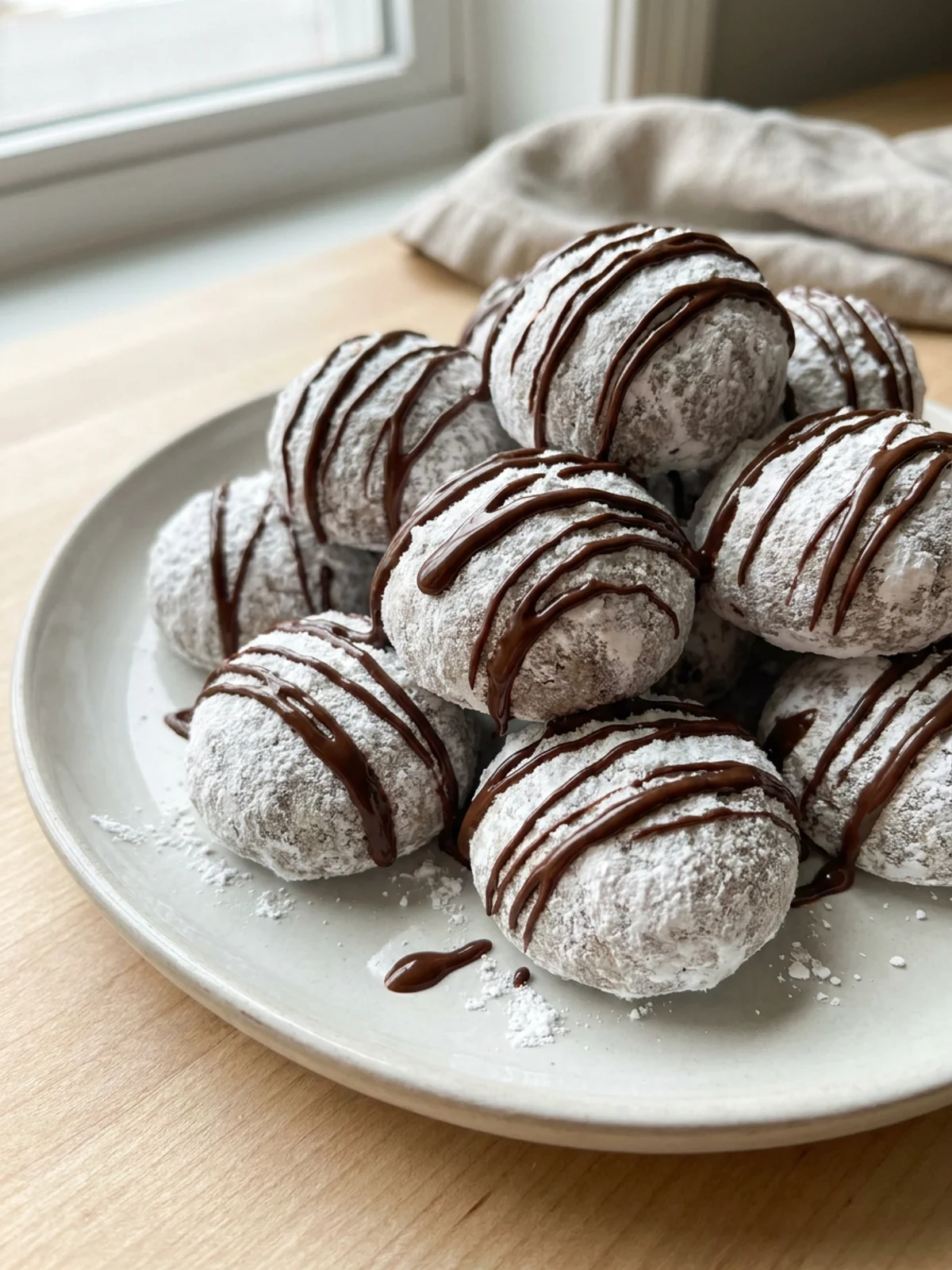 A close-up of white snowball cookies with dark chocolate drizzles on a plate.