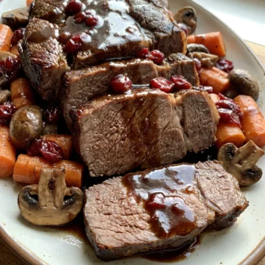 A white platter holding sliced cranberry balsamic pot roast with a serving fork.