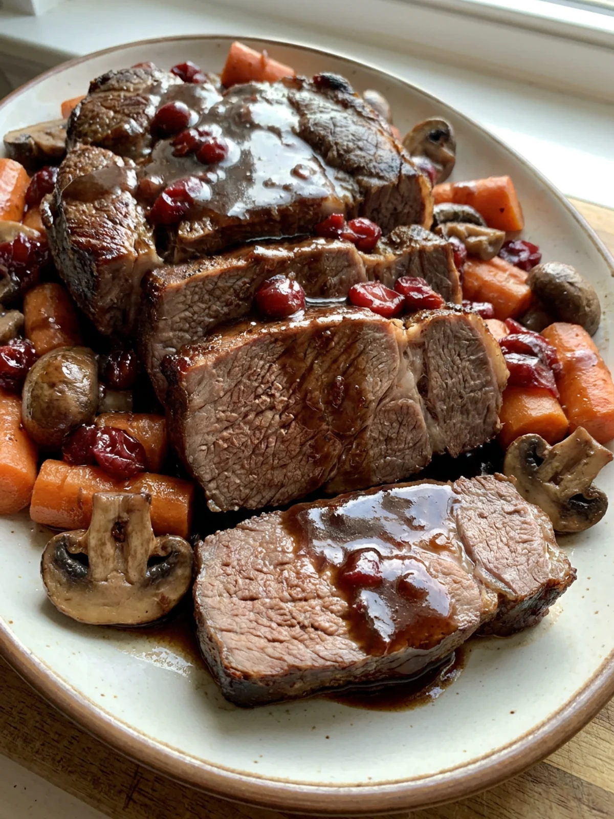 A white platter holding sliced cranberry balsamic pot roast with a serving fork.