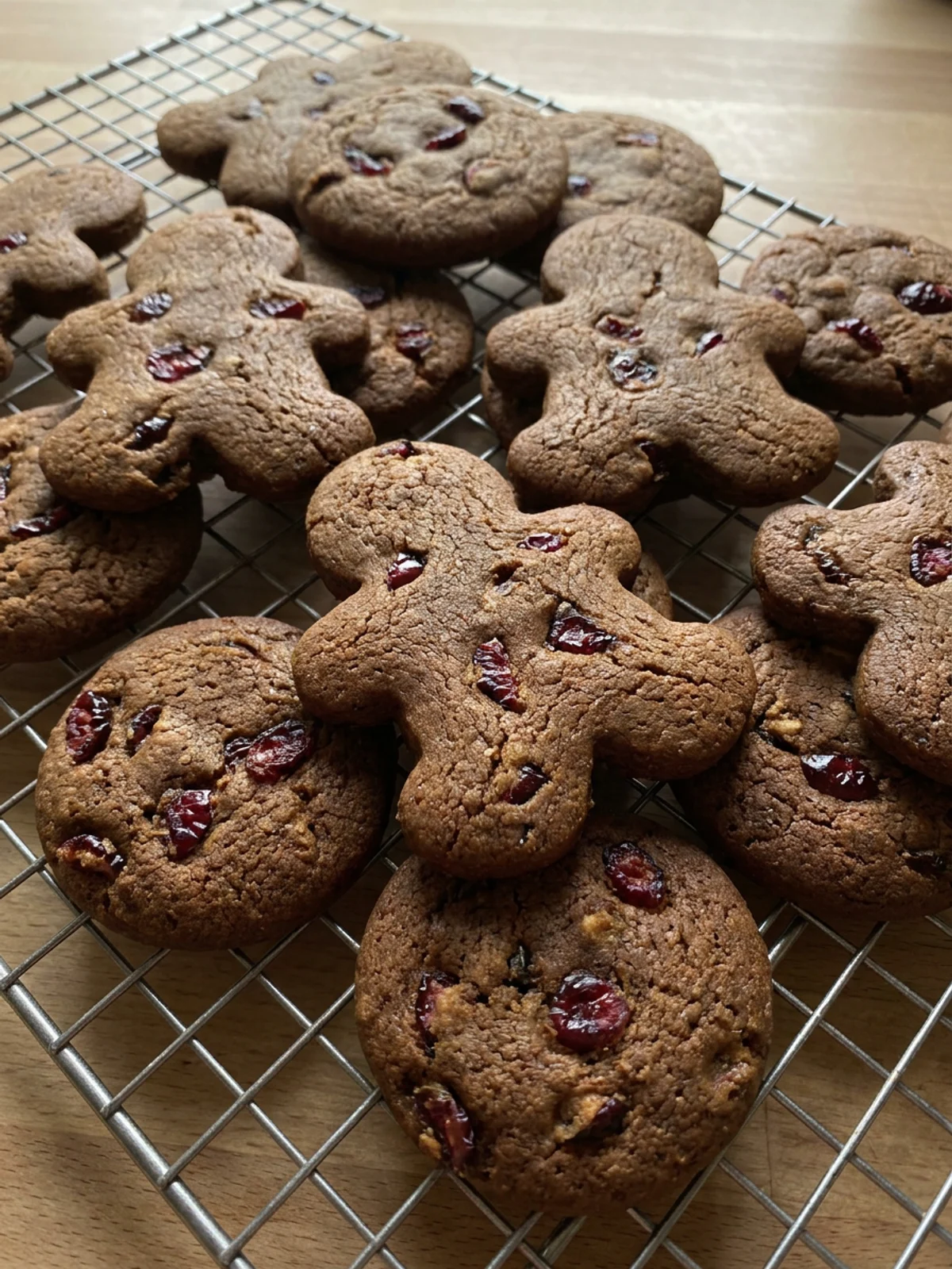 A close-up of a gingerbread man cookie with visible red cranberry pieces inside.