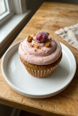 A single cranberry gingerbread cupcake with pink frosting on a small dessert plate.