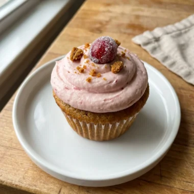 A single cranberry gingerbread cupcake with pink frosting on a small dessert plate.
