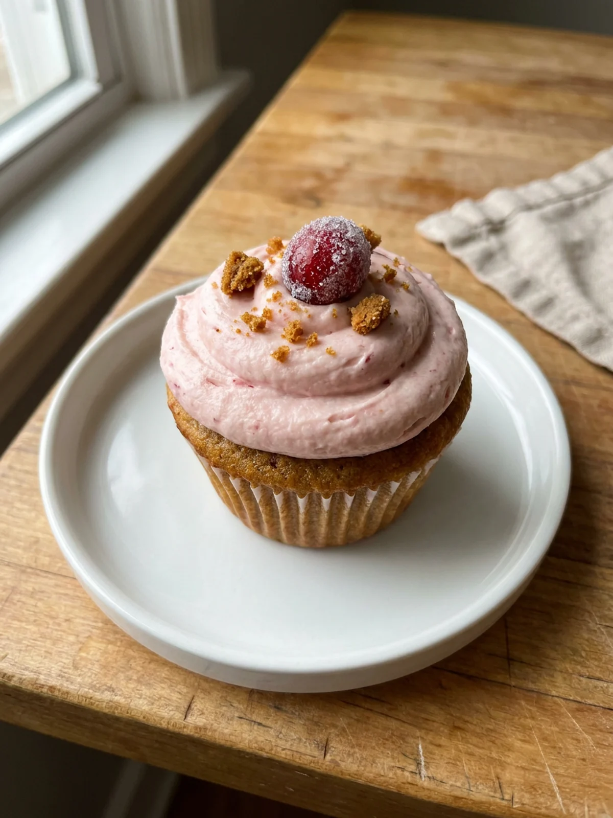 A single cranberry gingerbread cupcake with pink frosting on a small dessert plate.