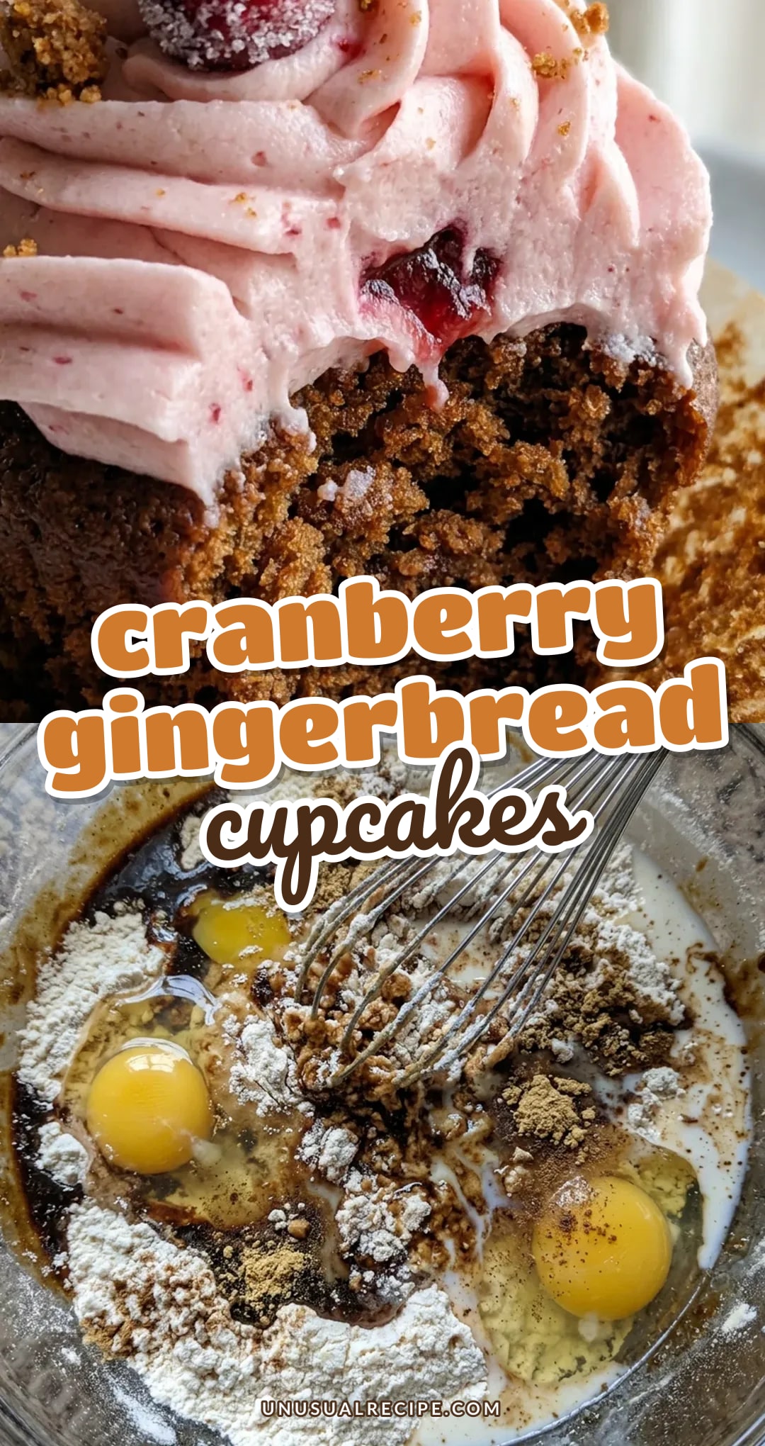 Cranberry Gingerbread Cupcakes with Creamy Cranberry Frosting