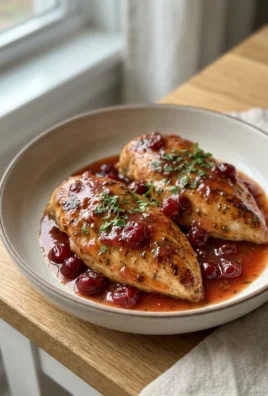 A sliced chicken breast covered in a red cranberry orange sauce on a white plate.