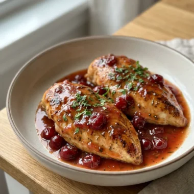 A sliced chicken breast covered in a red cranberry orange sauce on a white plate.
