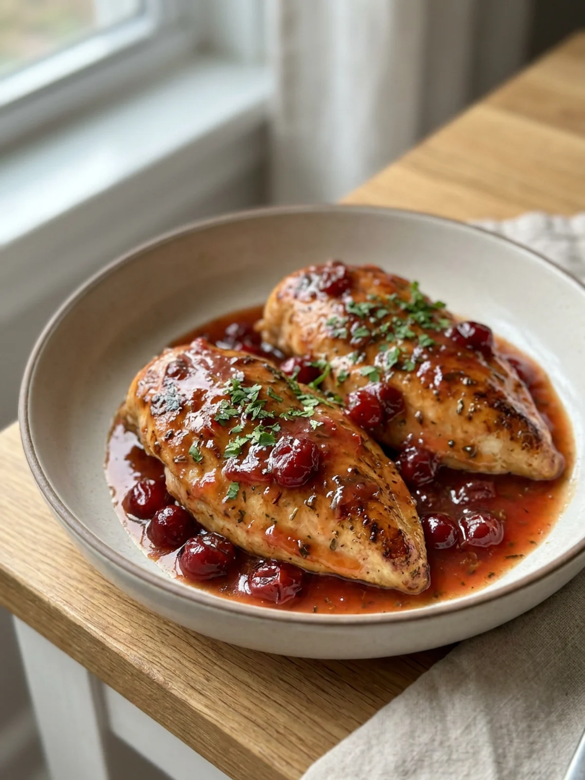 A sliced chicken breast covered in a red cranberry orange sauce on a white plate.