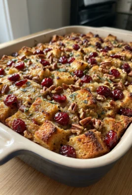 A spoon scooping a serving of moist cranberry pecan stuffing from a dish.