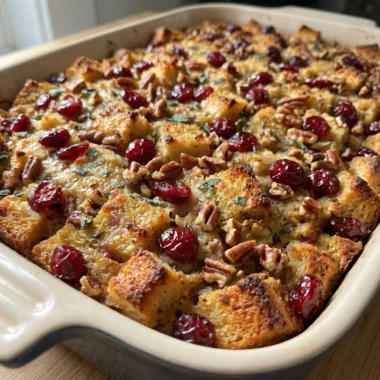 A spoon scooping a serving of moist cranberry pecan stuffing from a dish.