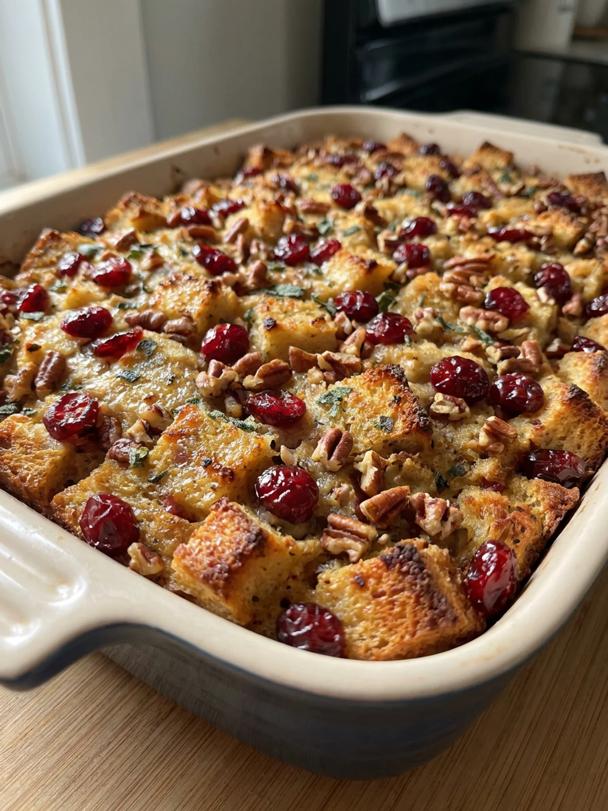 A spoon scooping a serving of moist cranberry pecan stuffing from a dish.